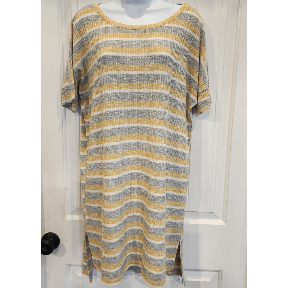 Rokoko by Dazz Womens Striped Ribbed Knit T-Shirt Dress Yellow Grey Medium